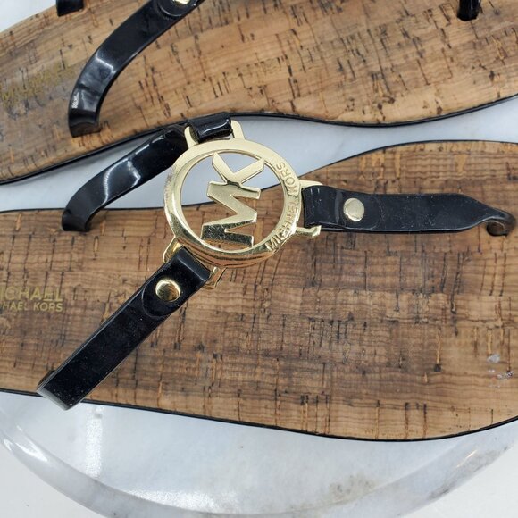 Michael Michael Kors Brown Black T Strap Gold Emblem Slip On Sandals Size 10 - Picture 3 of 8